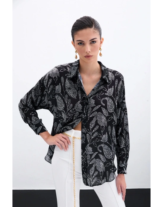 Desenli Saten Gömlek - Siyah