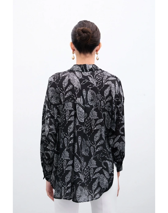 Desenli Saten Gömlek - Siyah