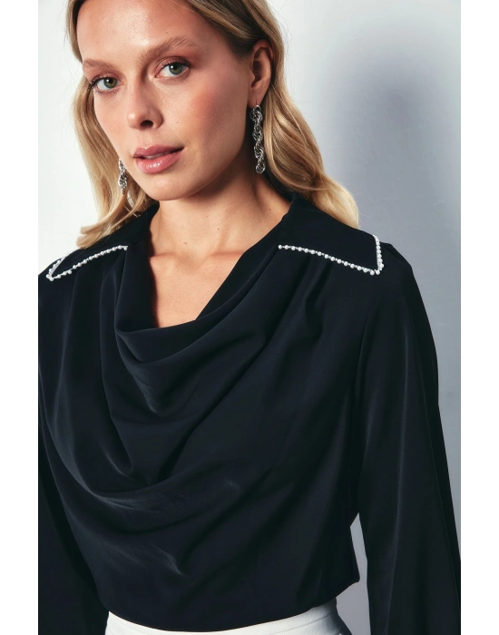Degaje Yaka İncili Salaş Bluz - SİYAH