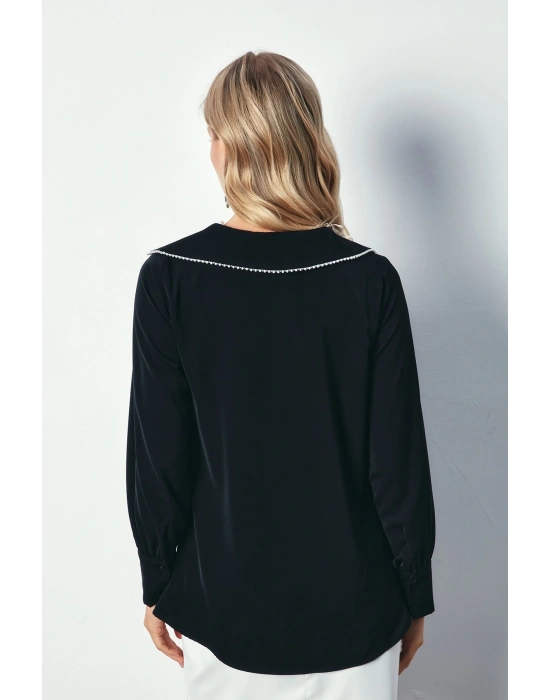 Degaje Yaka İncili Salaş Bluz - SİYAH