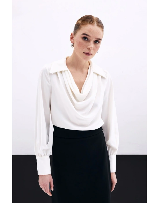 Degaje Yaka İncili Salaş Bluz - Ekru