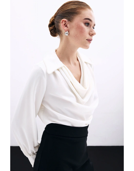 Degaje Yaka İncili Salaş Bluz - Ekru