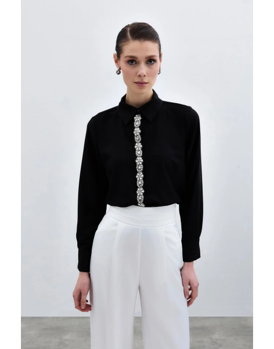 Şerit Aksesuarlı Gömlek - Siyah