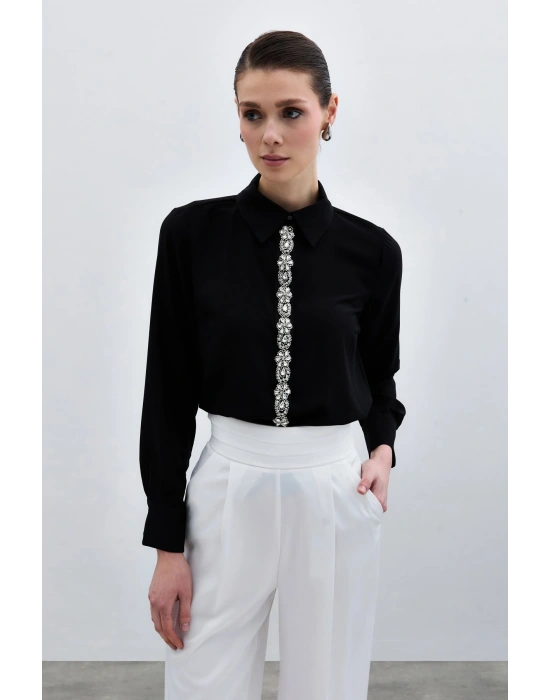 Şerit Aksesuarlı Gömlek - Siyah