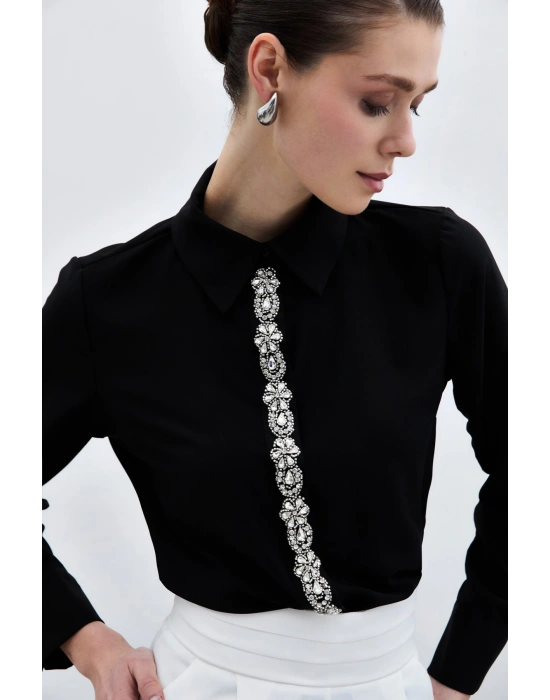 Şerit Aksesuarlı Gömlek - Siyah