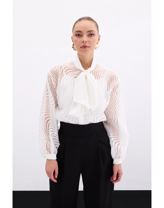 Fularlı Zebra Desenli Gömlek - Ekru