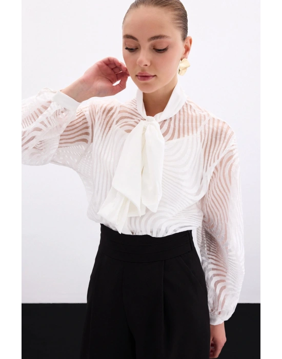 Fularlı Zebra Desenli Gömlek - Ekru