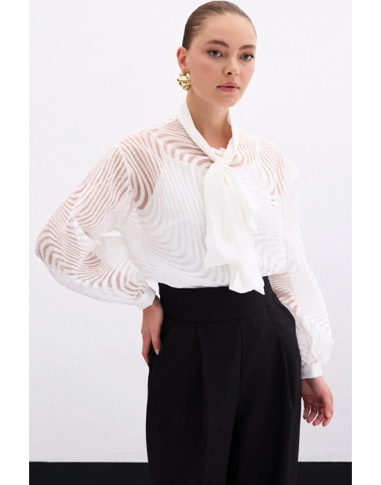 Fularlı Zebra Desenli Gömlek - Ekru