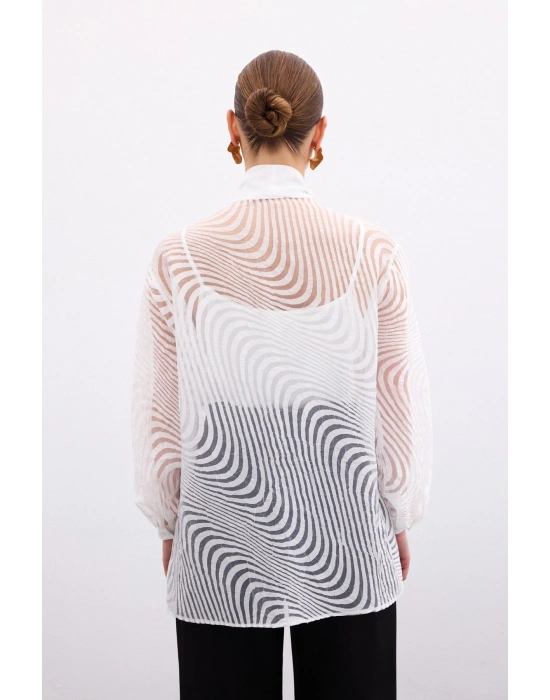 Fularlı Zebra Desenli Gömlek - Ekru