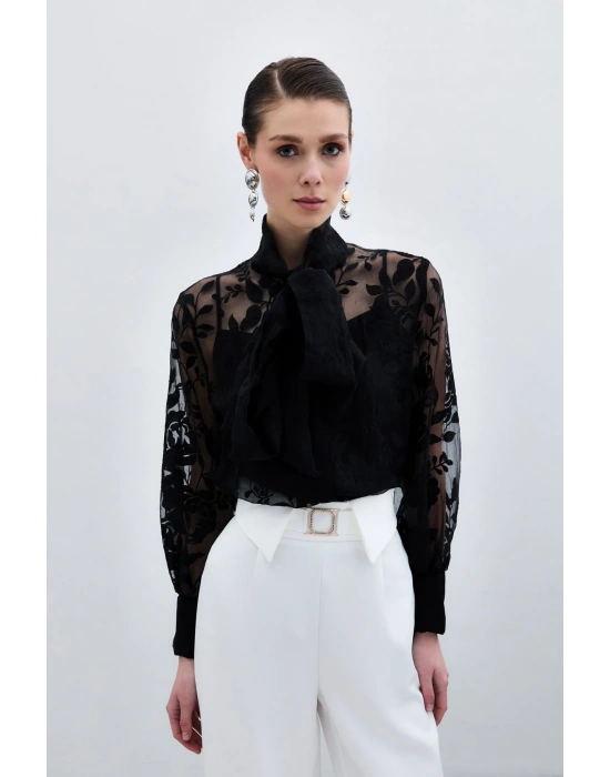 Fularlı Çiçek Desenli Gömlek - Siyah