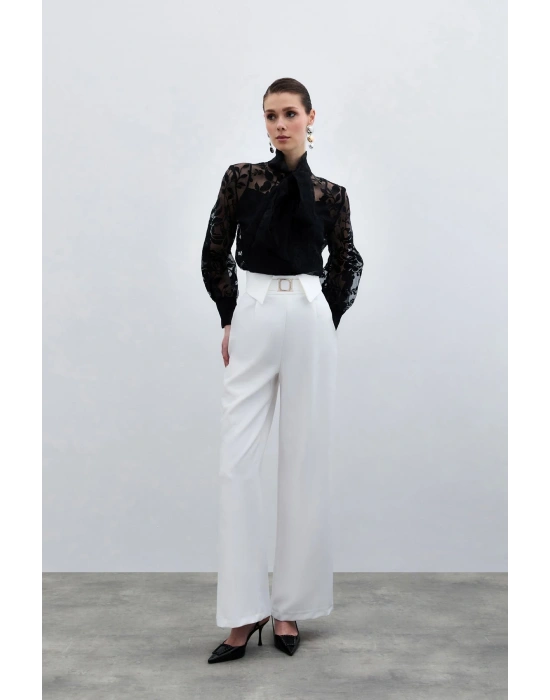 Fularlı Çiçek Desenli Gömlek - Siyah