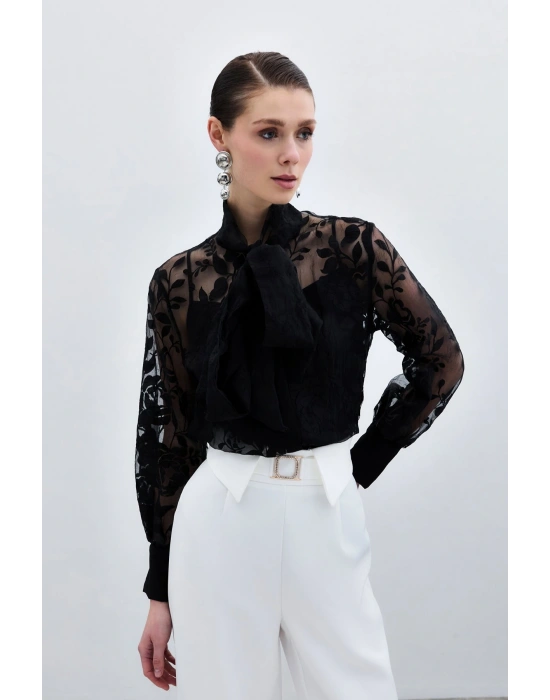 Fularlı Çiçek Desenli Gömlek - Siyah