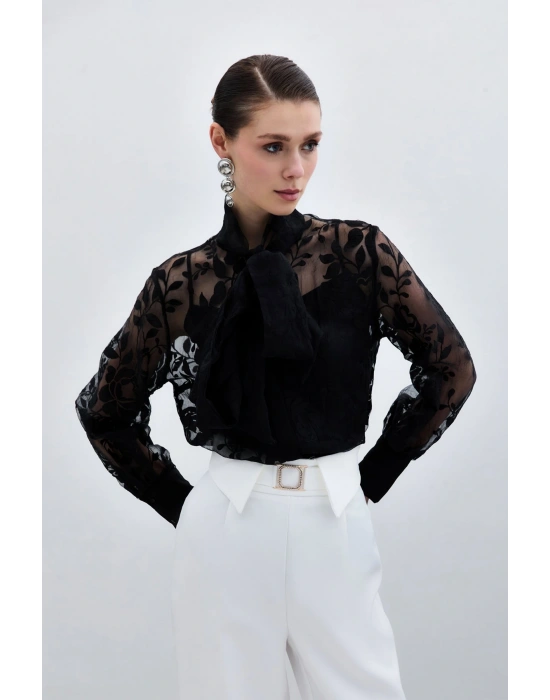 Fularlı Çiçek Desenli Gömlek - Siyah