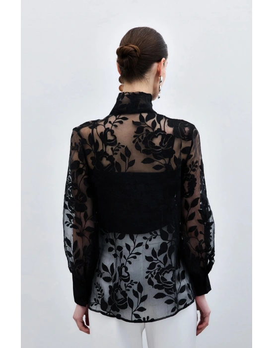 Fularlı Çiçek Desenli Gömlek - Siyah