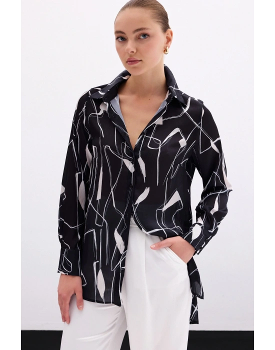 Yırtmaç Detaylı Gömlek - Siyah