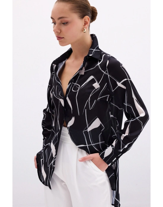 Yırtmaç Detaylı Gömlek - Siyah