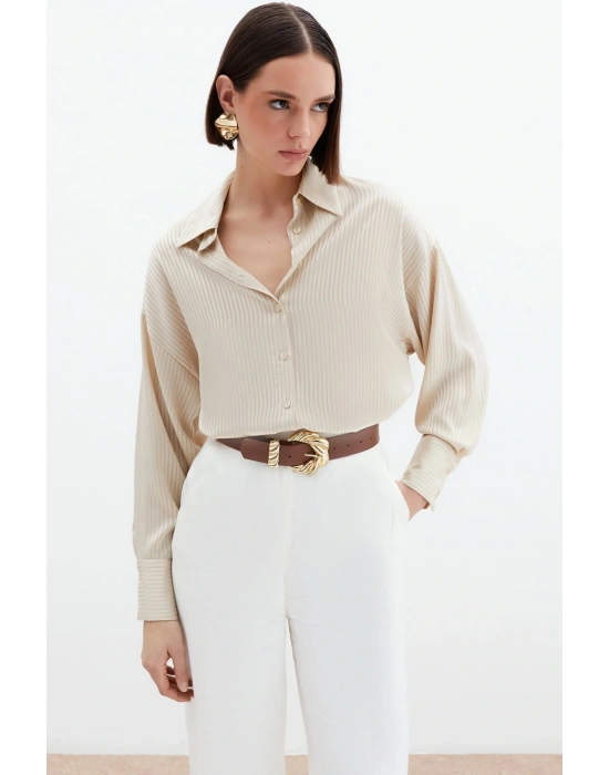 Kendinden Çizgi Desenli Gömlek - Bej