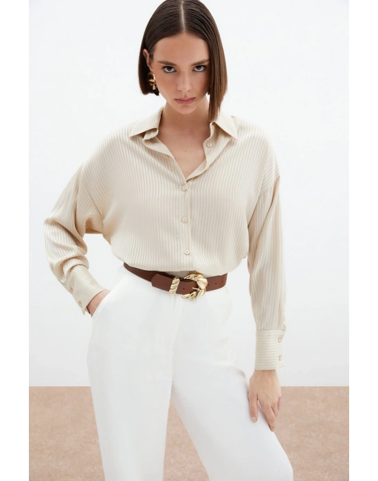 Kendinden Çizgi Desenli Gömlek - Bej