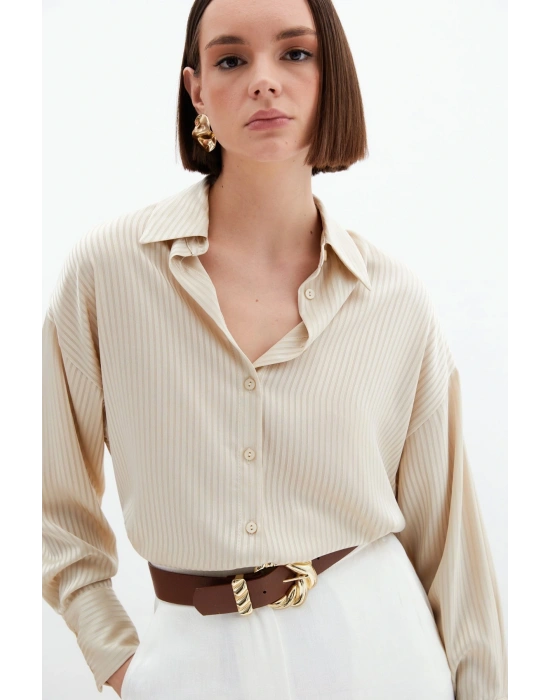 Kendinden Çizgi Desenli Gömlek - Bej
