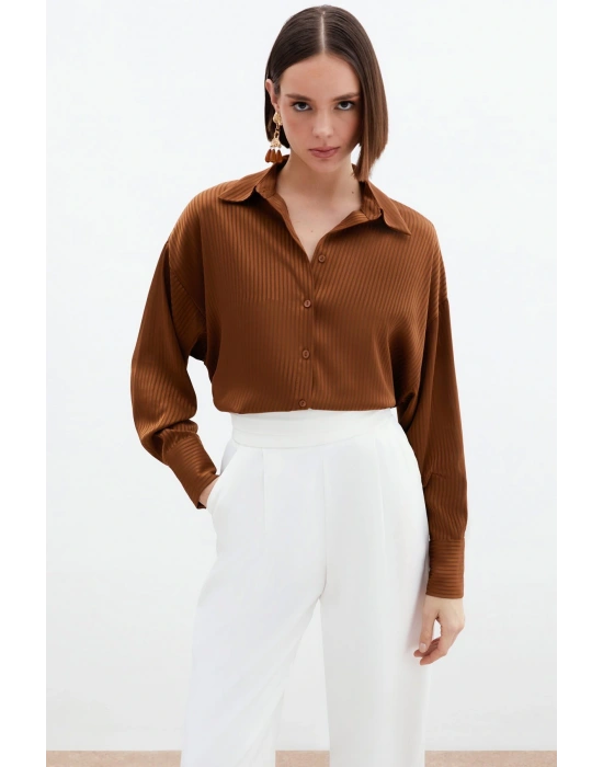 Kendinden Çizgi Desenli Gömlek - Kahve