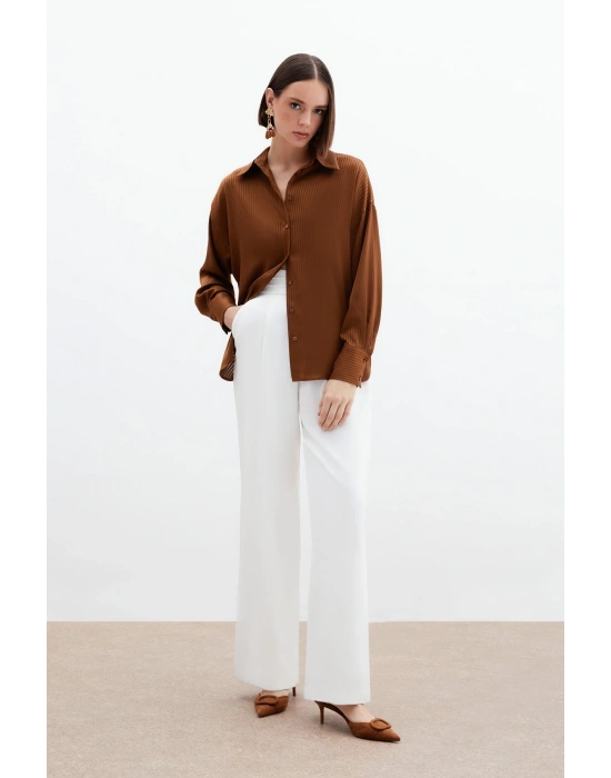 Kendinden Çizgi Desenli Gömlek - Kahve