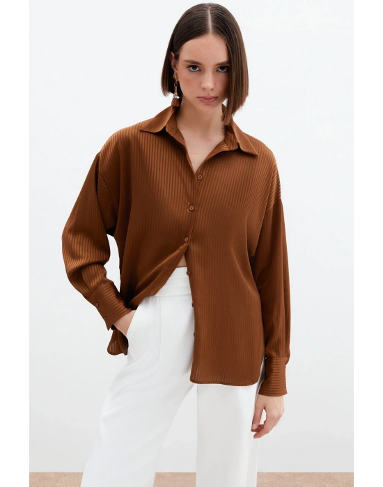 Kendinden Çizgi Desenli Gömlek - Kahve