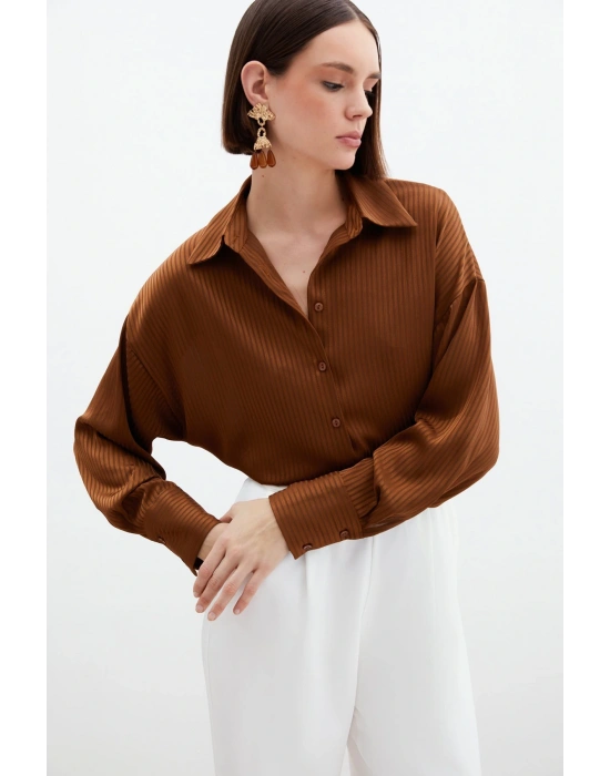 Kendinden Çizgi Desenli Gömlek - Kahve