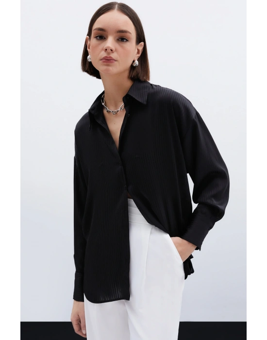 Kendinden Çizgi Desenli Gömlek - Siyah