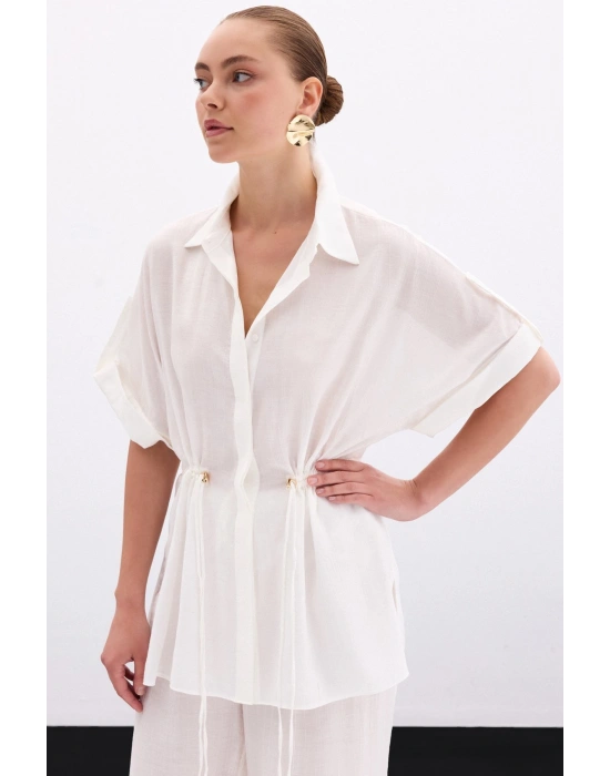 Bel Büzgü Detaylı Gömlek - Ekru