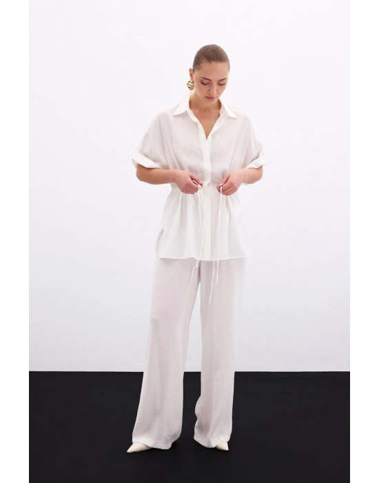 Bel Büzgü Detaylı Gömlek - Ekru