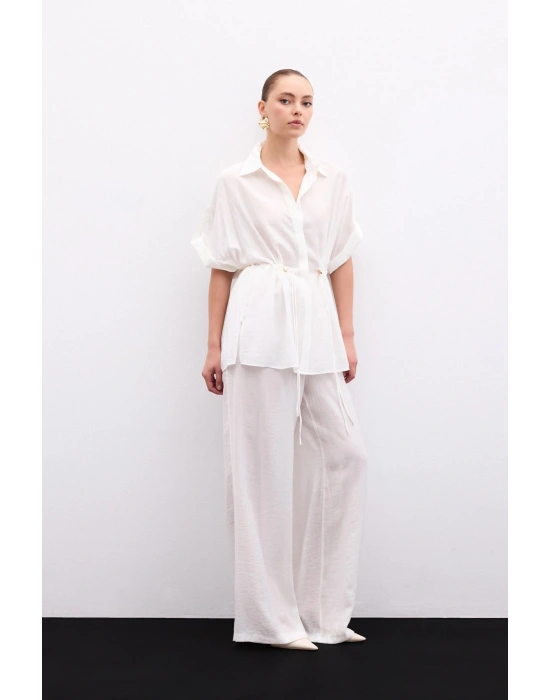 Bel Büzgü Detaylı Gömlek - Ekru