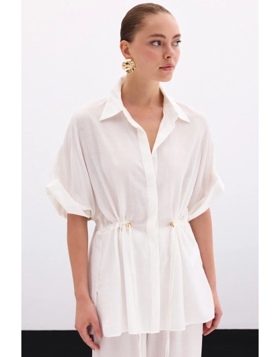 Bel Büzgü Detaylı Gömlek - Ekru