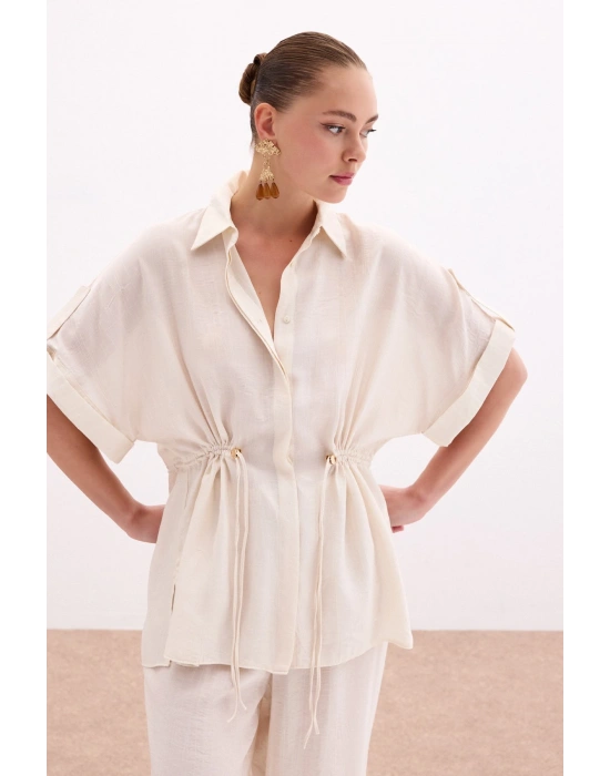 Bel Büzgü Detaylı Gömlek - Taş