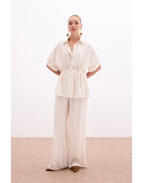 Bel Büzgü Detaylı Gömlek - Taş