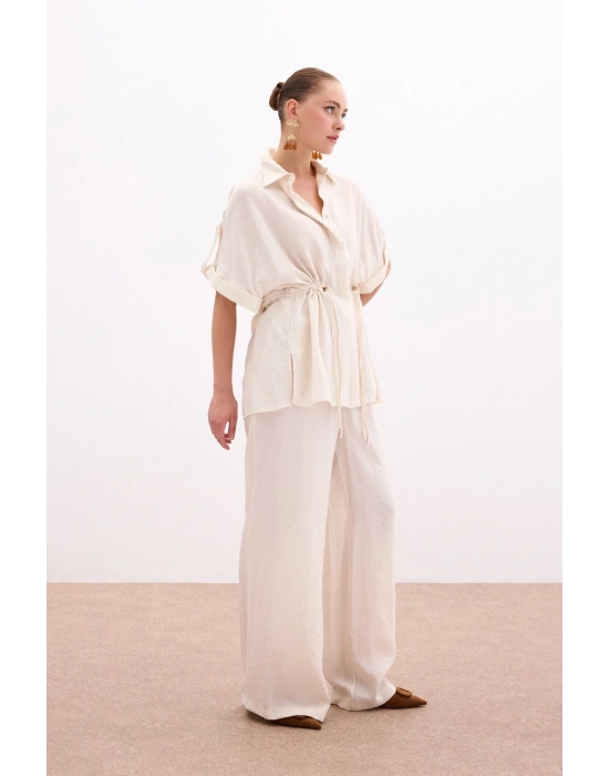 Bel Büzgü Detaylı Gömlek - Taş