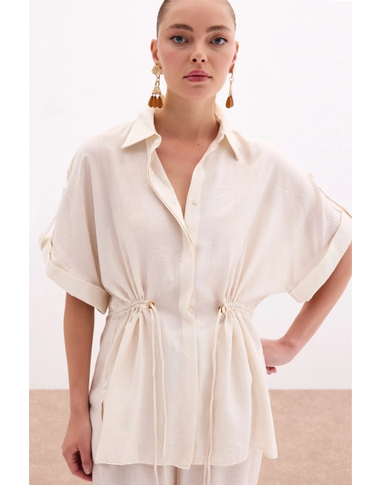 Bel Büzgü Detaylı Gömlek - Taş