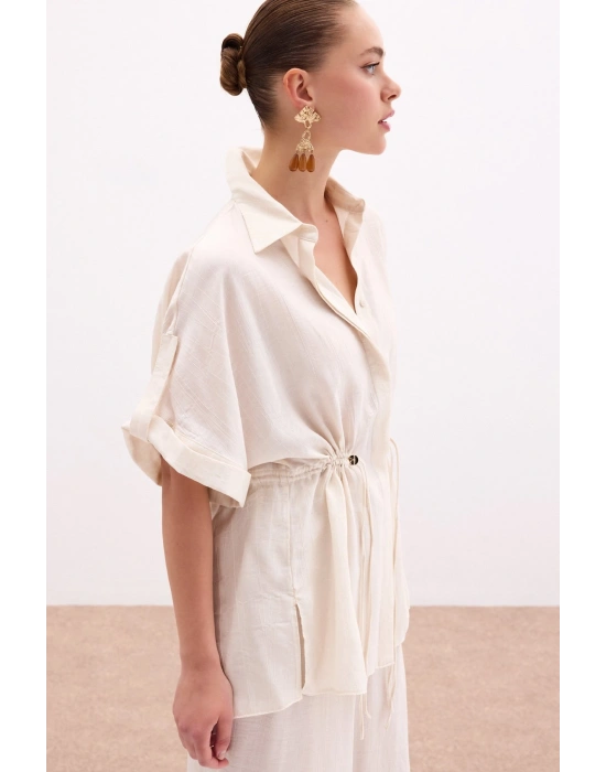 Bel Büzgü Detaylı Gömlek - Taş