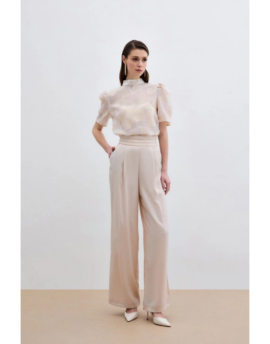 Organze Kısa Kol Bluz - Bej