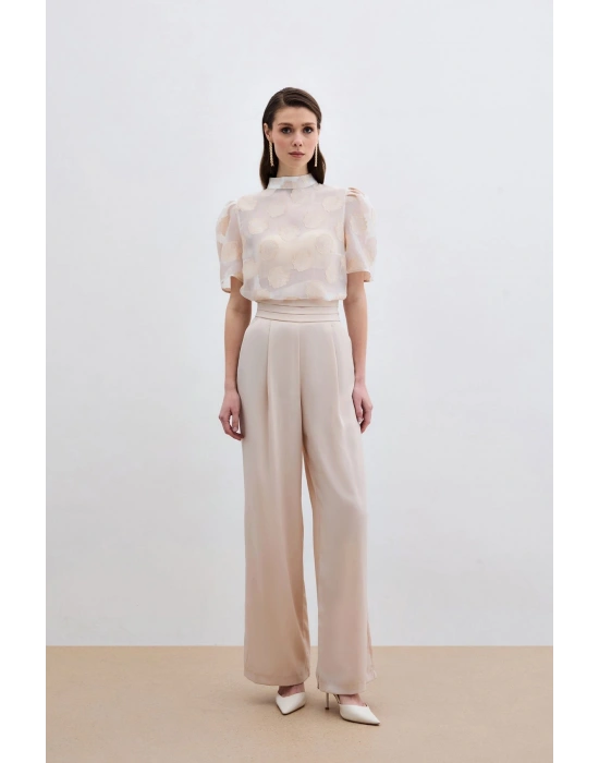 Organze Kısa Kol Bluz - Bej