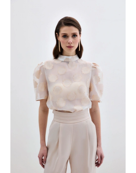Organze Kısa Kol Bluz - Bej