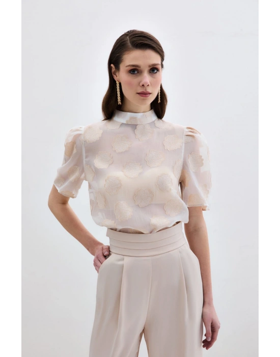 Organze Kısa Kol Bluz - Bej