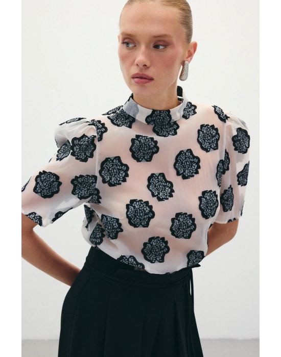 Organze Kısa Kol Bluz - Siyah