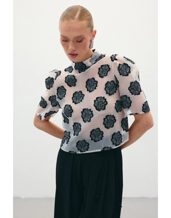 Organze Kısa Kol Bluz - Siyah