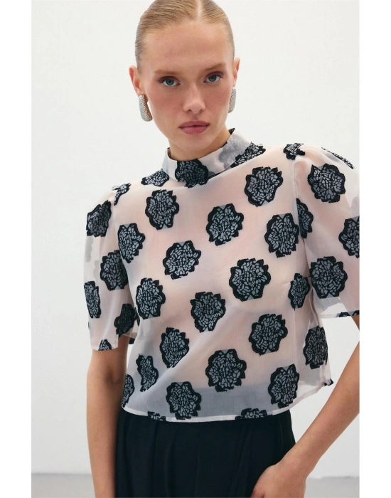 Organze Kısa Kol Bluz - Siyah