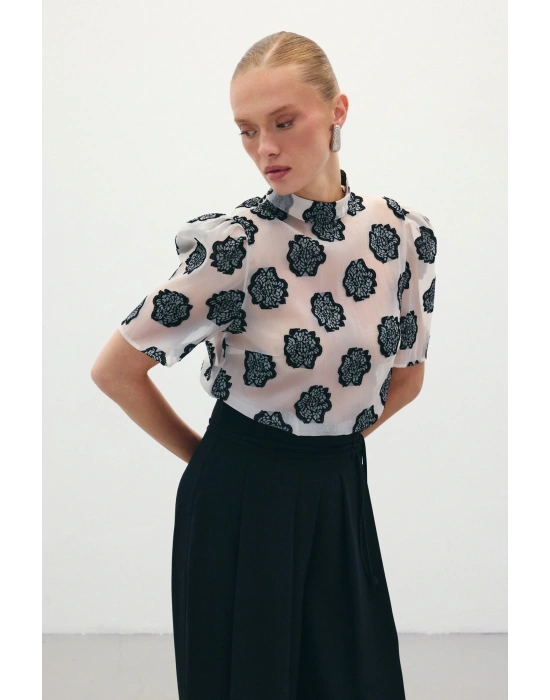 Organze Kısa Kol Bluz - Siyah