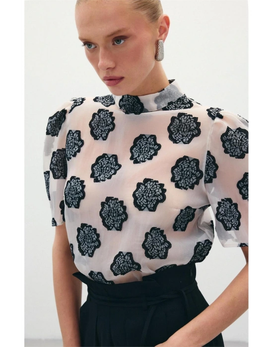 Organze Kısa Kol Bluz - Siyah