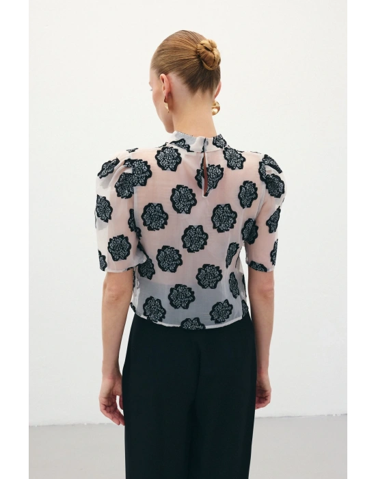 Organze Kısa Kol Bluz - Siyah