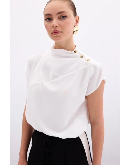 Tek Omuz Çıtçıtlı Bluz - Ekru