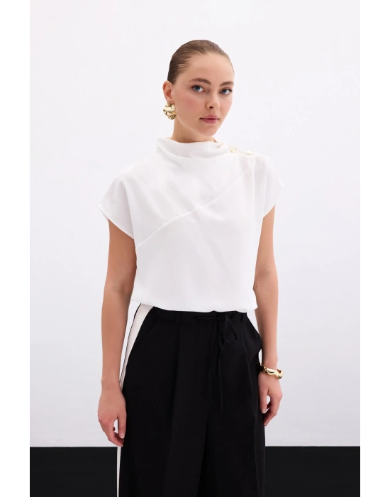 Tek Omuz Çıtçıtlı Bluz - Ekru