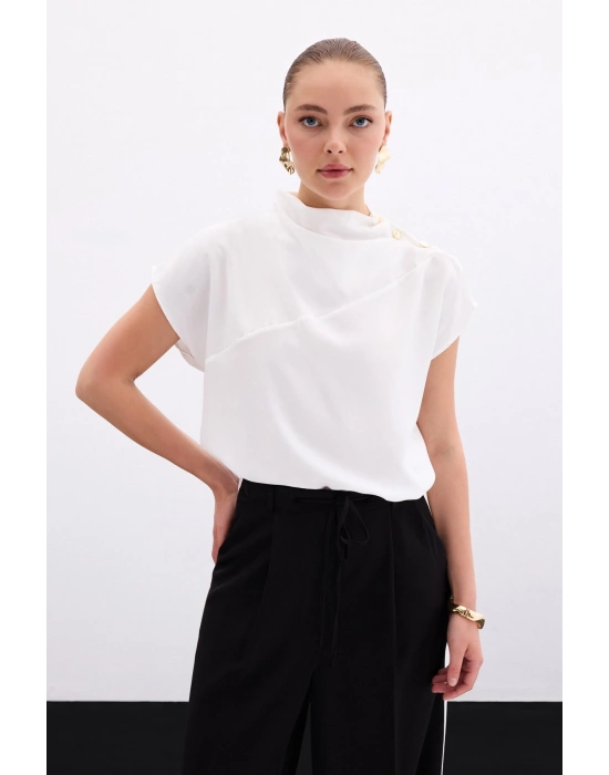 Tek Omuz Çıtçıtlı Bluz - Ekru